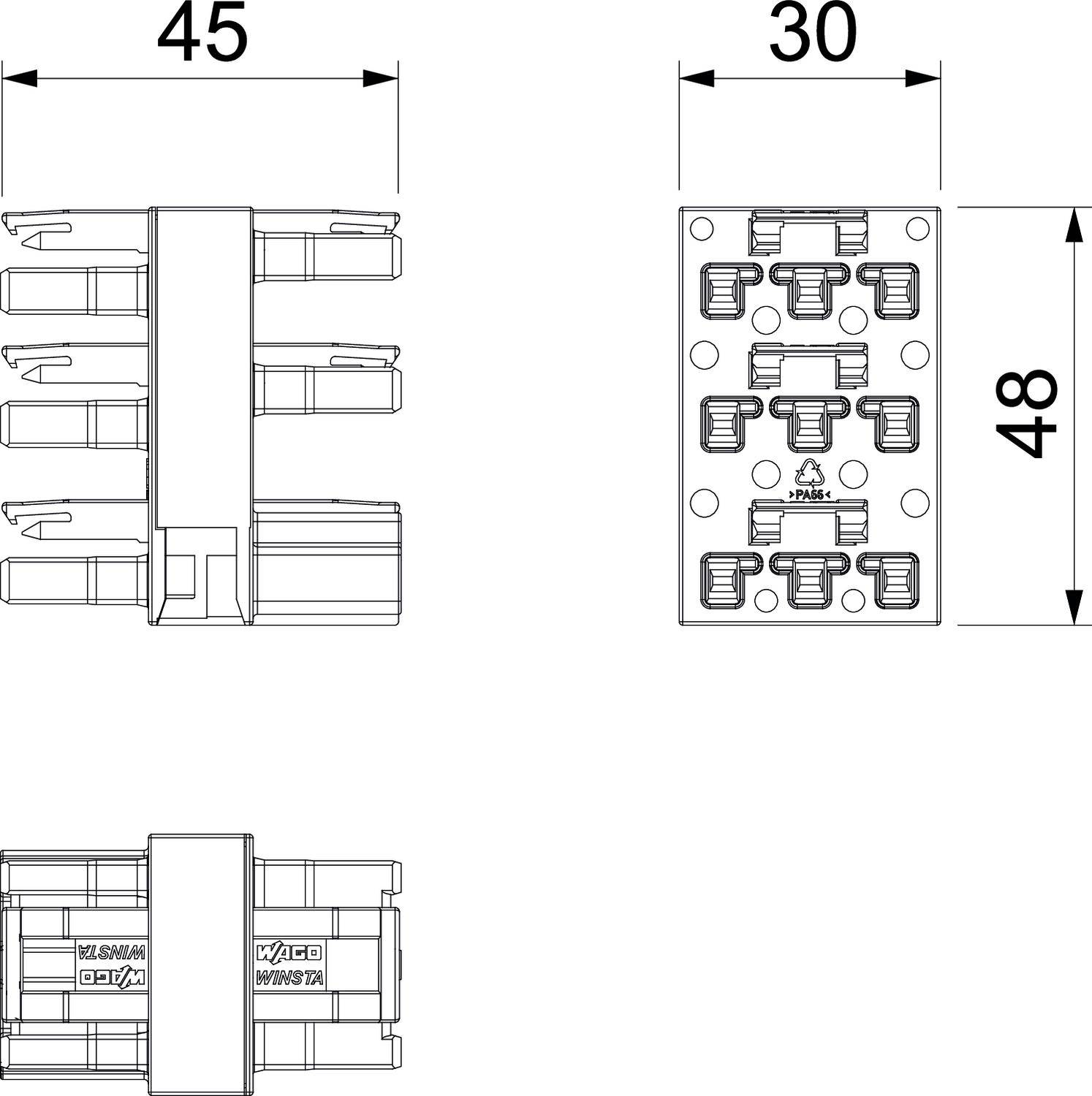 Rysunek techniczny złącza elektrycznego z wymiarami: szerokość 45 mm od przodu, głębokość 30 mm od góry, wysokość 48 mm.