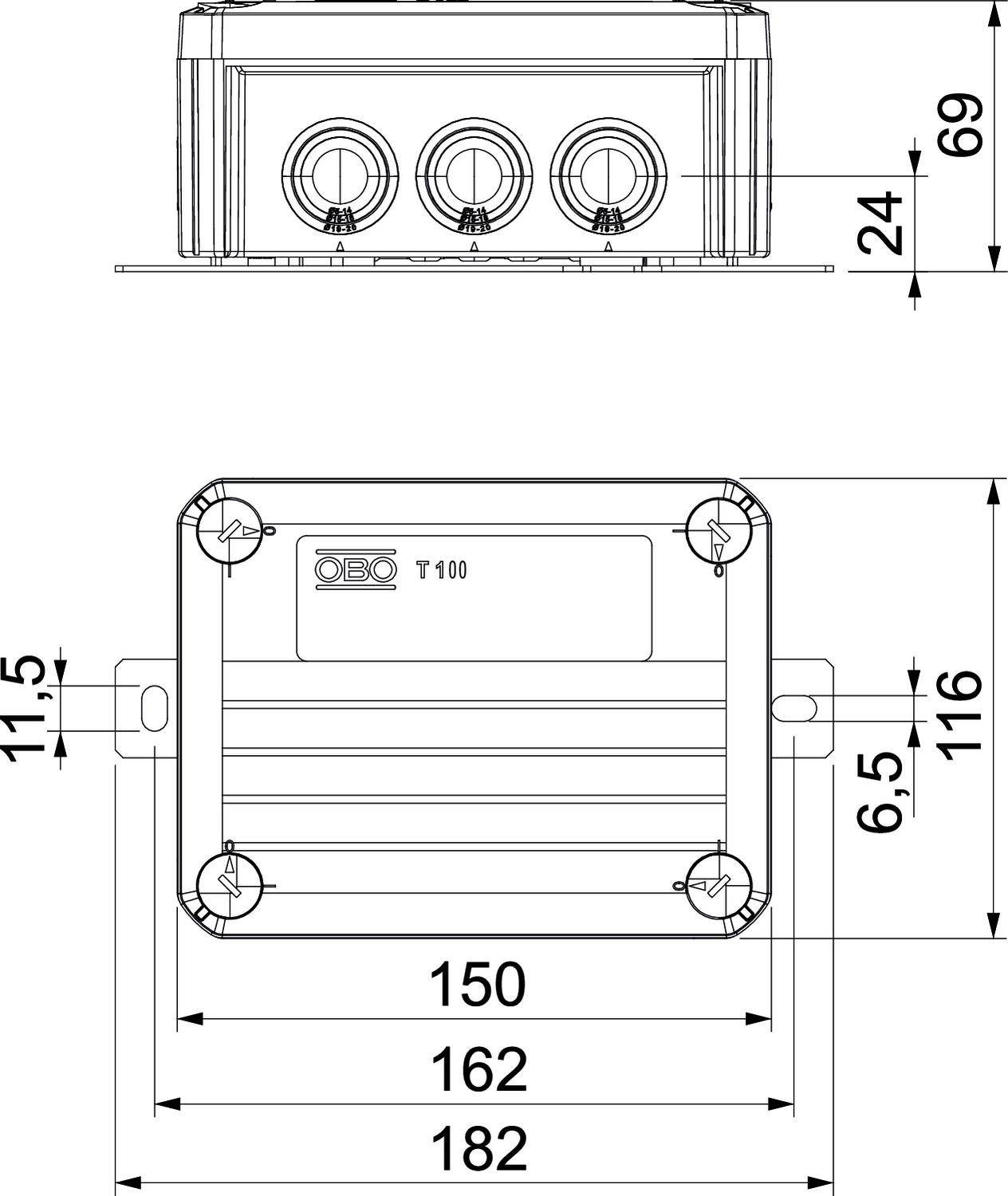 Rysunek techniczny prostokątnej puszki elektrycznej z wymiarami: szerokość 182 mm, wysokość 116 mm, głębokość 69 mm.
