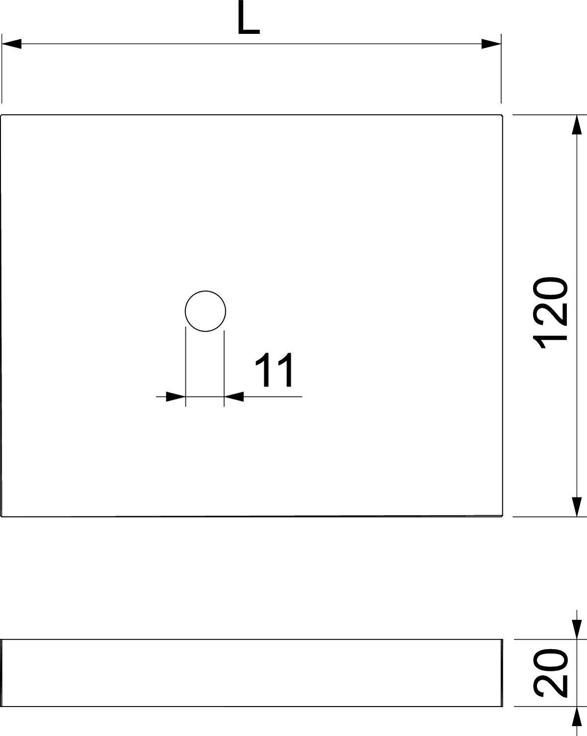 Rysunek techniczny prostokątnego elementu o wymiarach 120 x 20. Na górnej powierzchni zaznaczone jest otwór o średnicy 11.
