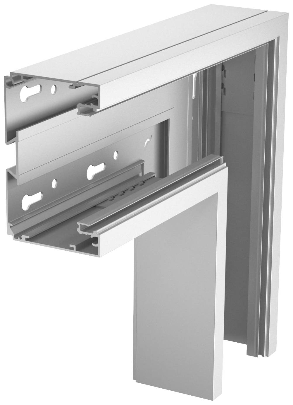 Przekrój profilu metalowej ościeżny drzwiowej, ukazujący wewnętrzne struktury oraz elementy montażowe, takie jak otwory na śruby.