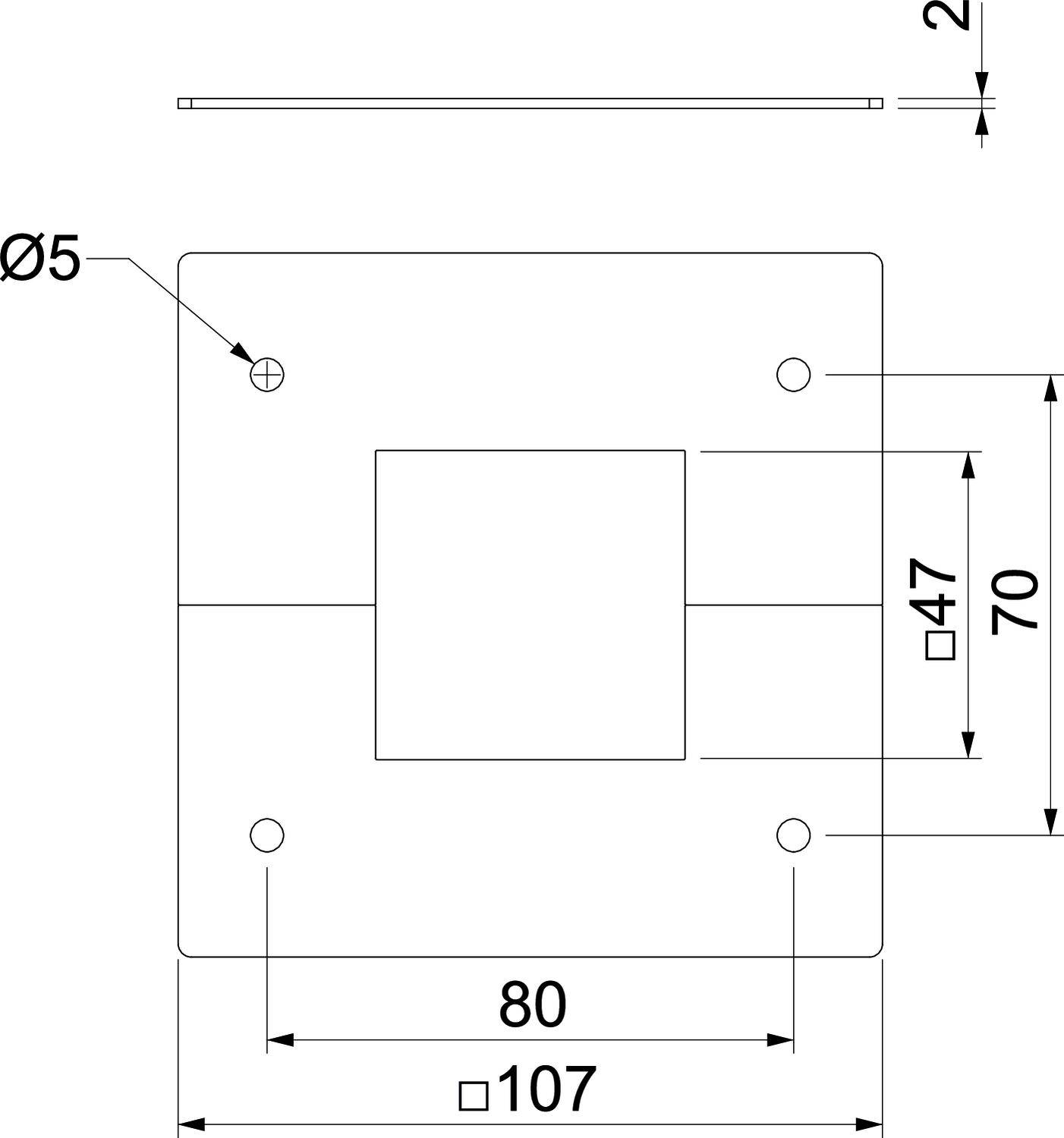 'Schematyczny rysunek prostokątnego arkusza metalu z wymiarami: 80x107 mm. Środek kwadratu o wymiarach 47x70 mm, średnica otworu 5 mm.'