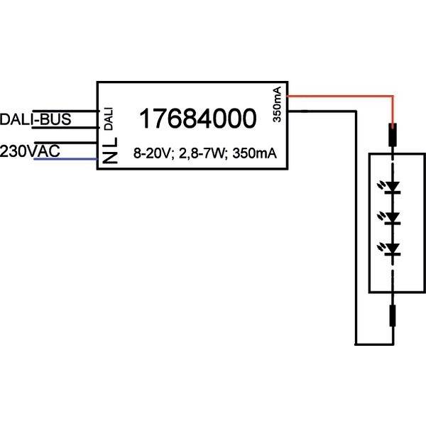 Schemat elektryczny sterownika LED: Podłączenie do magistrali DALI, wejście 230VAC, wyjście 350mA do diod LED. Przedstawia okablowanie i natężenie prądu.