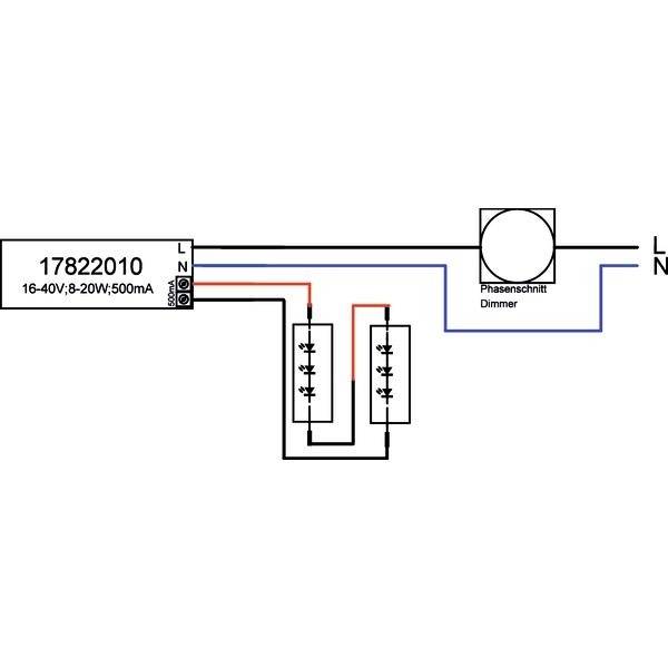 Schemat połączenia ściemniacza fazowego: Przedstawia okablowanie między ściemniaczem, źródłem zasilania i dwoma podłączonymi urządzeniami.