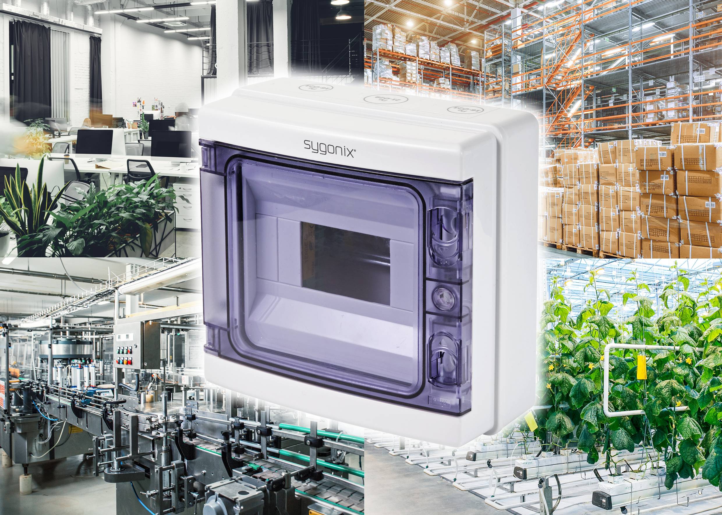 Białą obudowę elektryczną przedstawiono na tle wielu scen przemysłowych i rolniczych, w tym biur, magazynów i szklarni.