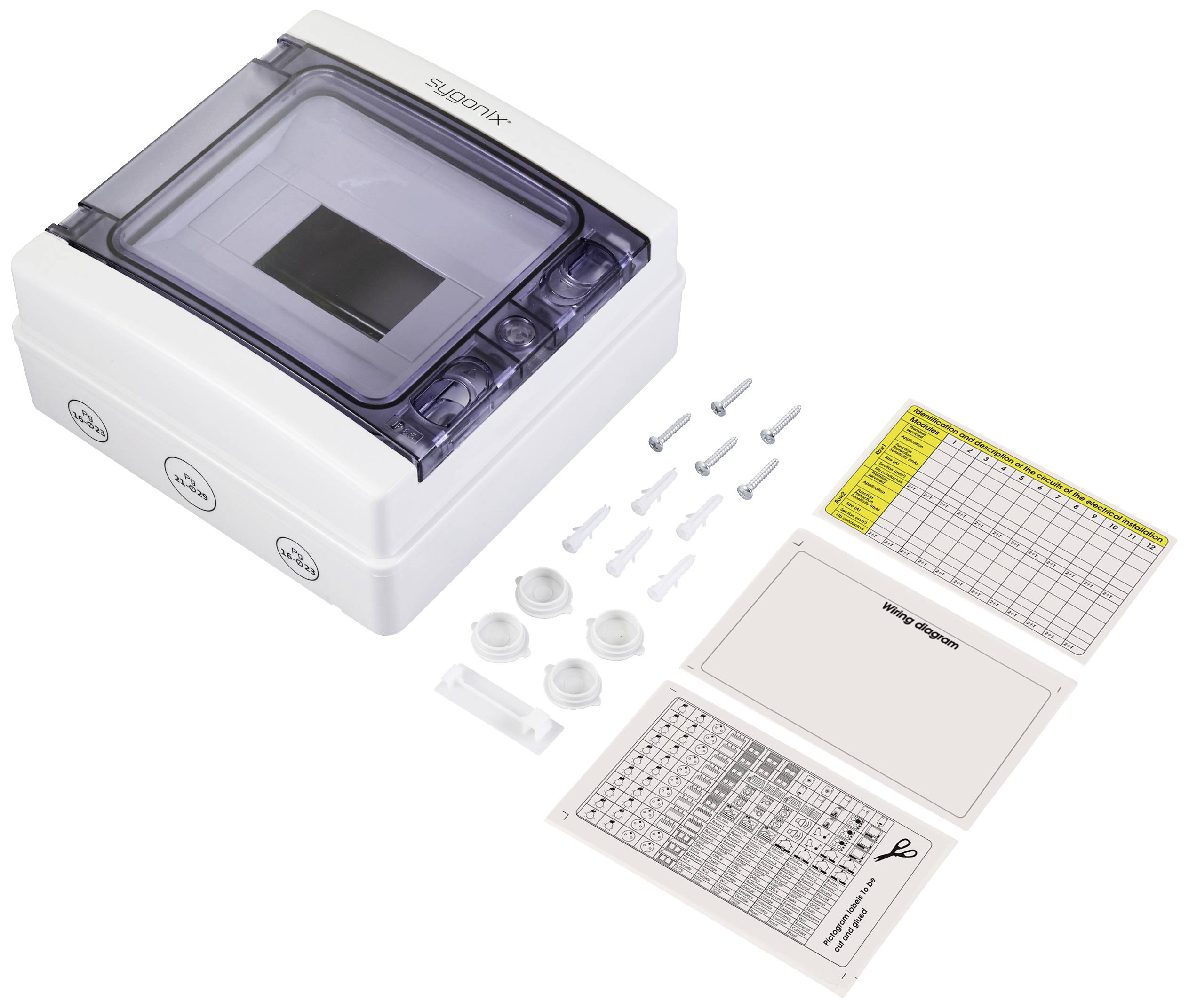 Prostokątne urządzenie skrzynkowe z przezroczystą pokrywą i elementami sterującymi. Obok leżą śruby, mała karta i diagram.