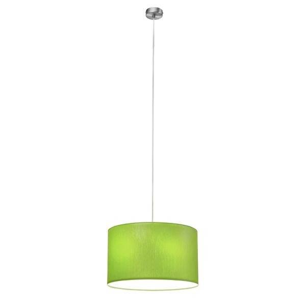 Lampa wisząca z zielonym kloszem i srebrnym zawieszeniem. Idealna do nowoczesnych przestrzeni mieszkalnych lub oświetlenia jadalni.