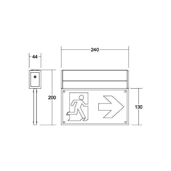 Rysunek techniczny ze znakiem wyjścia awaryjnego. Strzałka wskazuje w prawo. Wymiary: 240x130 mm. Prostokątny kształt.
