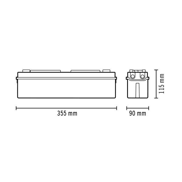 Rysunek prostokątnej baterii z wymiarami: długość 355 mm, szerokość 90 mm, wysokość 115 mm.