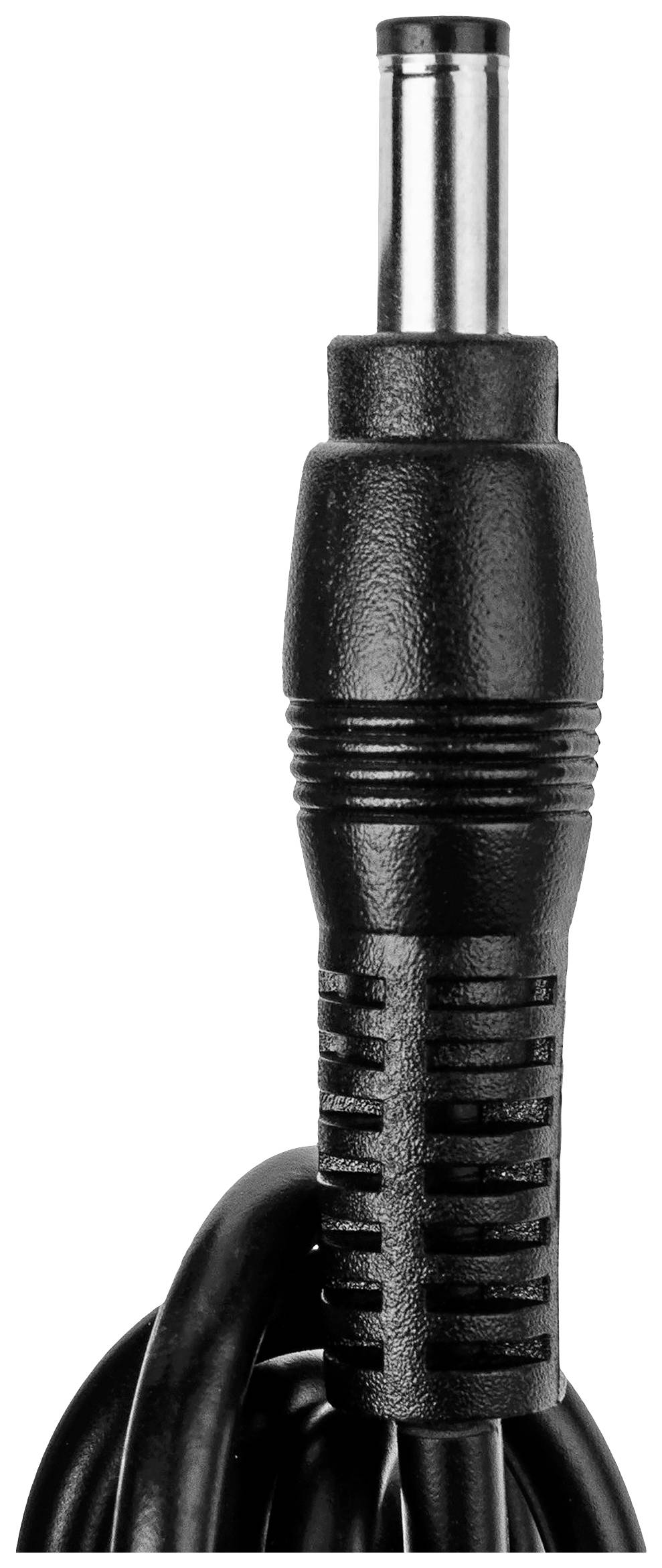 Czarny, cylindryczny wtyk z metalowym grotem i żebrowanym uchwytem, będący częścią złącza elektronicznego, sfotografowany na białym tle.