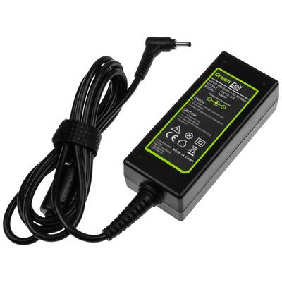 Czarny zasilacz z zielona etykietą i czarnym przewodem, odpowiedni do urządzeń elektronicznych. Etykieta prezentuje szczegóły techniczne i informacje dotyczące bezpieczeństwa.
