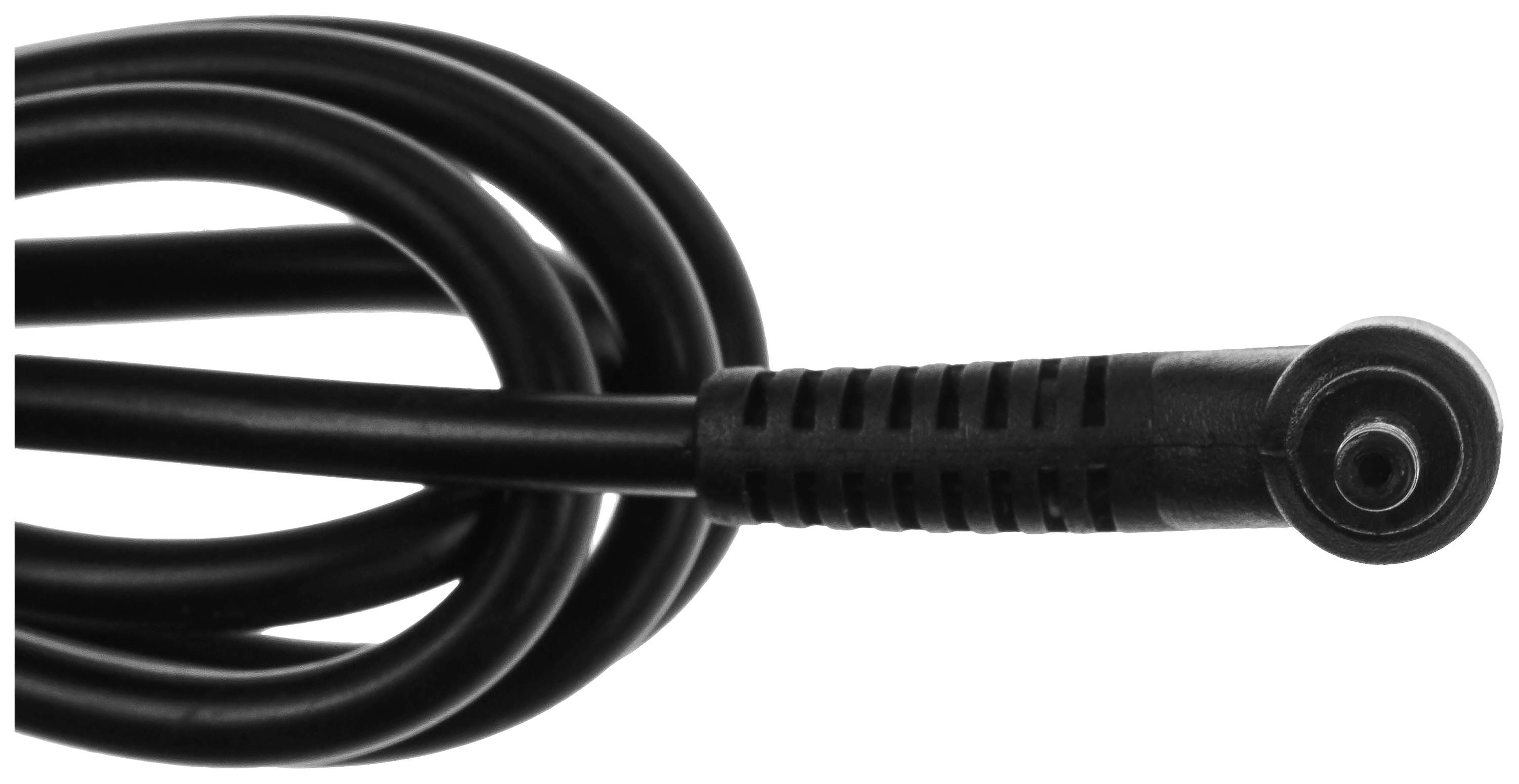Czarny kabel elektroniczny zakończony okrągłą wtyczką, ukazany w zbliżeniu.