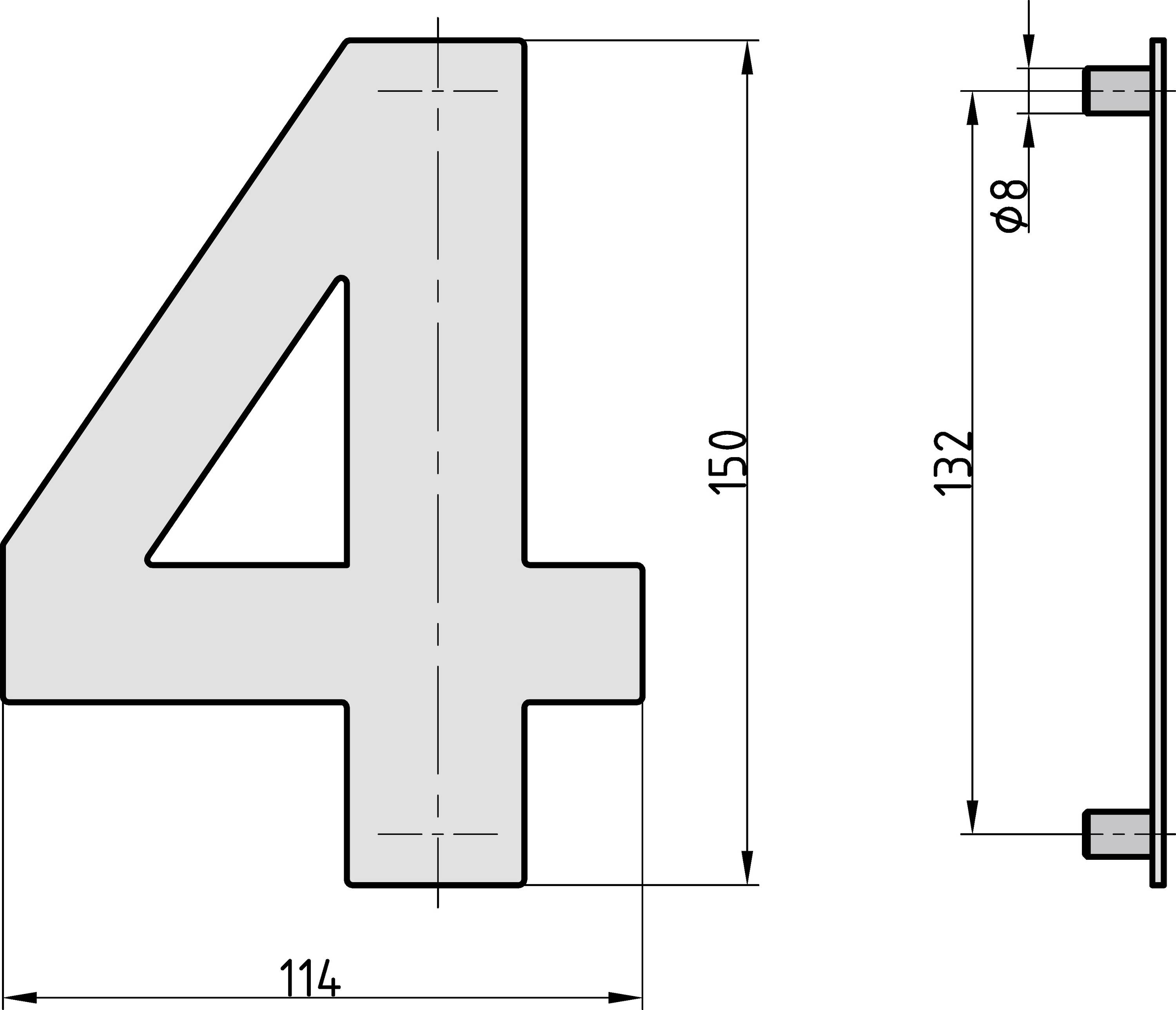 Rysunek techniczny cyfry '4' w dwóch rzutach z wymiarami: wysokość 150 mm, szerokość 114 mm, grubość boczna 8 mm.
