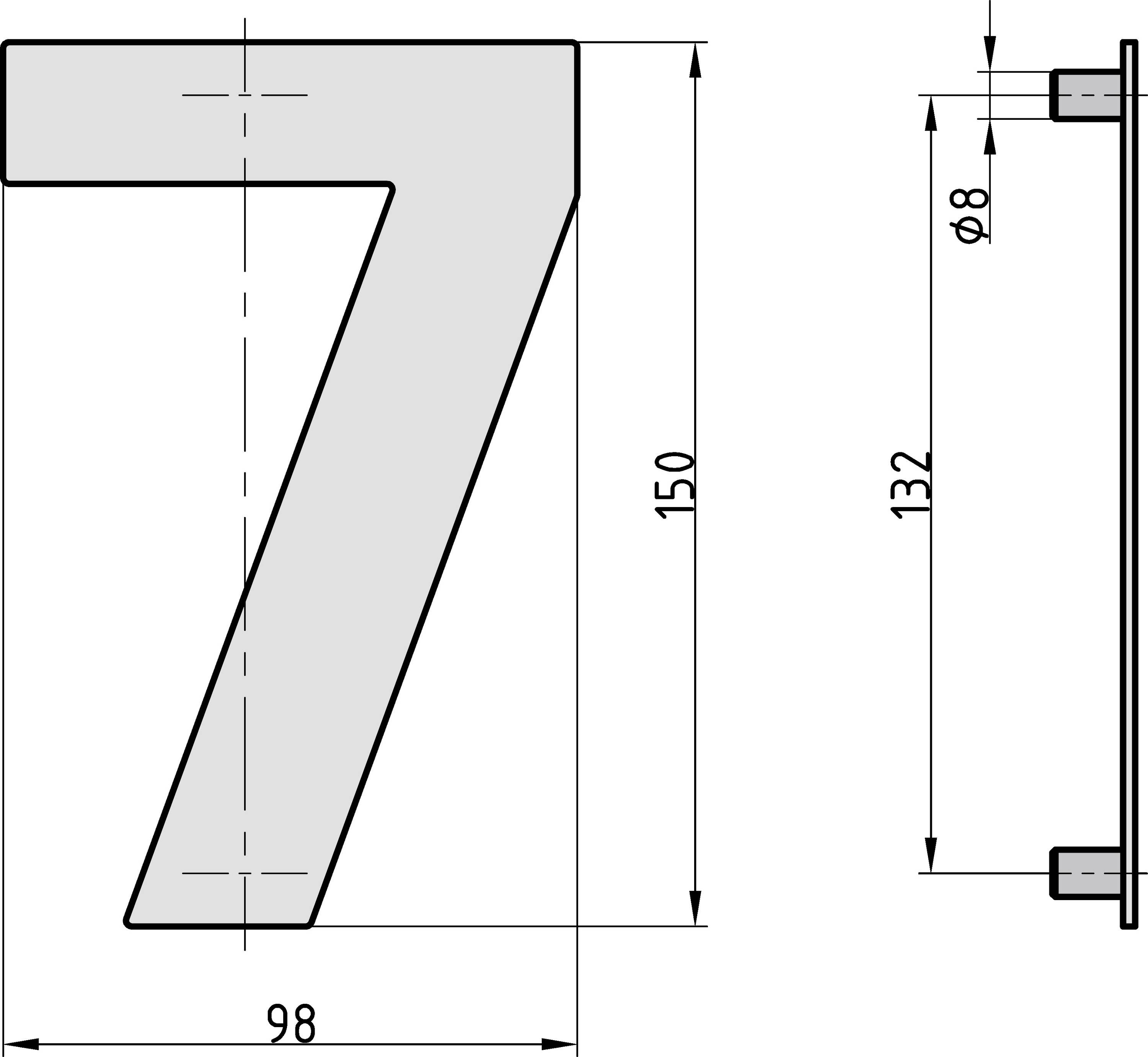 Rysunek techniczny cyfry '7'. Po lewej widok z przodu, po prawej widok z boku. Wymiary: wysokość 150 mm, szerokość 98 mm, głębokość 8 mm.