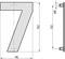 Rysunek techniczny cyfry '7'. Po lewej widok z przodu, po prawej widok z boku. Wymiary: wysokość 150 mm, szerokość 98 mm, głębokość 8 mm.