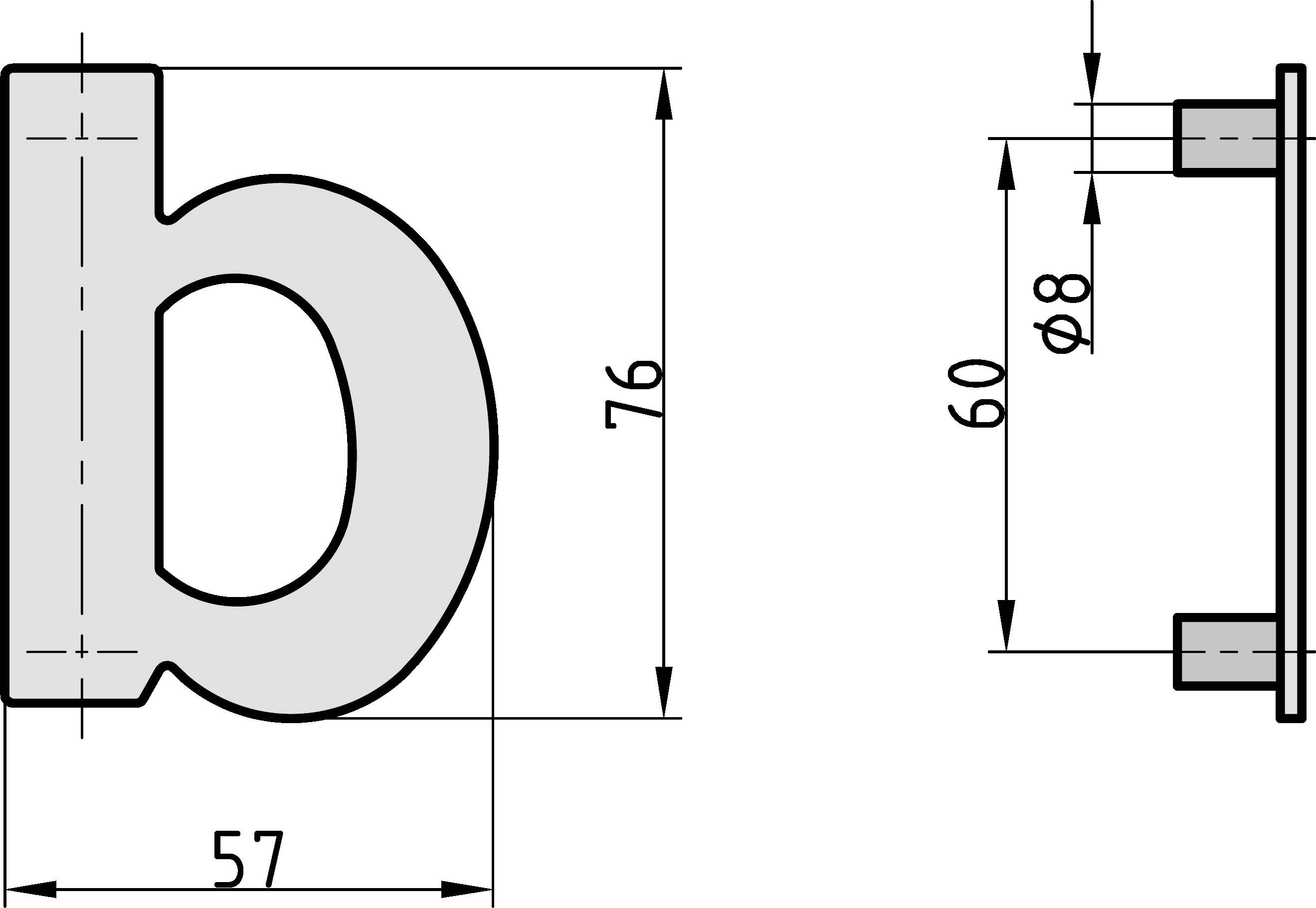 Rysunek techniczny elementu o kształcie litery D: szerokość 57 mm, wysokość 76 mm, średnica otworów 8 mm, rozstaw otworów 60 mm.