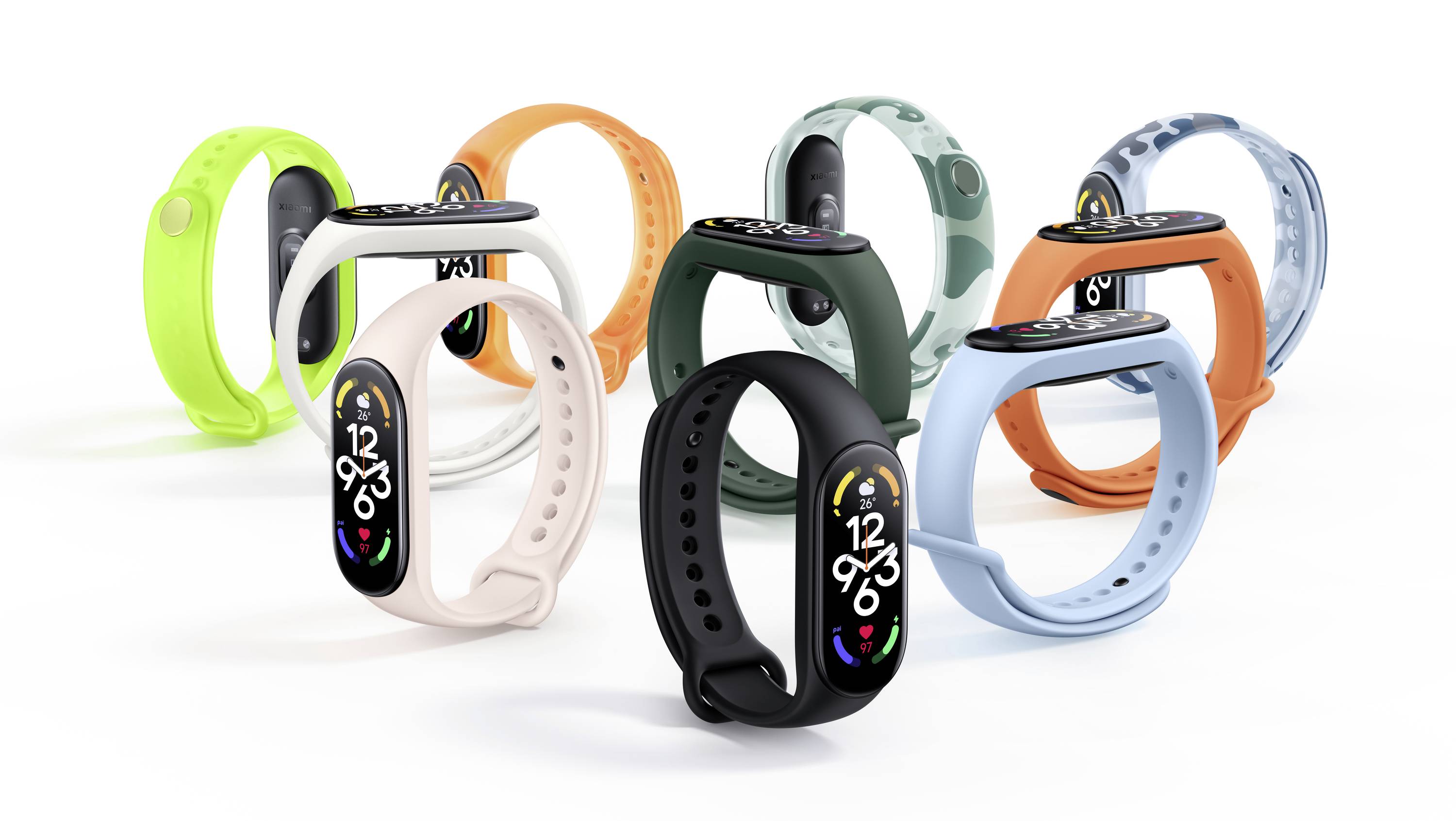 Osiem smartwatchy z kolorowymi paskami w różnych odcieniach, takich jak zielony, pomarańczowy, czarny i niebieski. Zegarki wyświetlają cyfrowy czas.