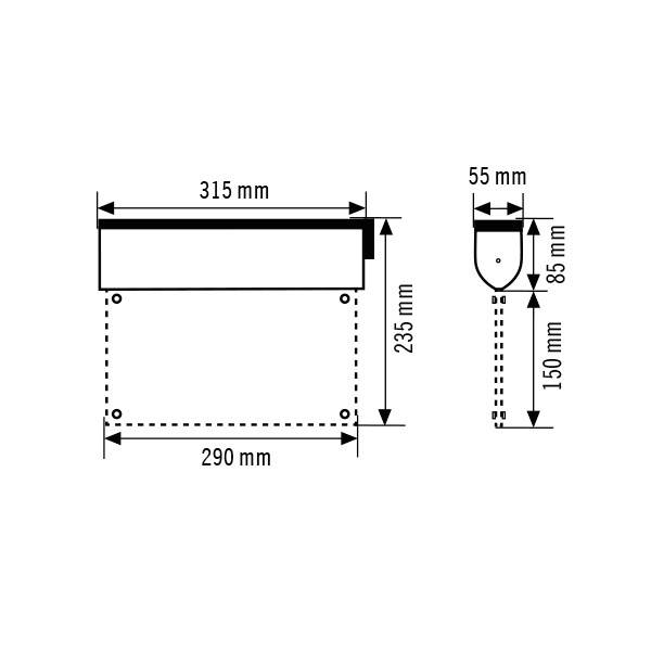 Rysunek techniczny prostokątnego obiektu o wymiarach: szerokość 315 mm, wysokość 235 mm, głębokość 290 mm; dodatkowy element boczny 55 mm x 85 mm.
