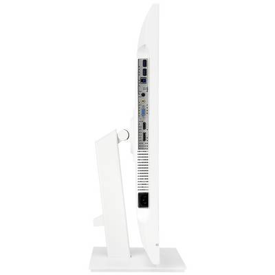 Widok z boku białego monitora komputerowego, pokazujący kilka złączy: USB, HDMI i VGA. Podstawa jest regulowana.
