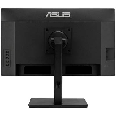 Monitor Asus, widok z tyłu: Czarny, z regulowanym na wysokość stojakiem i elementami sterującymi po lewej stronie.