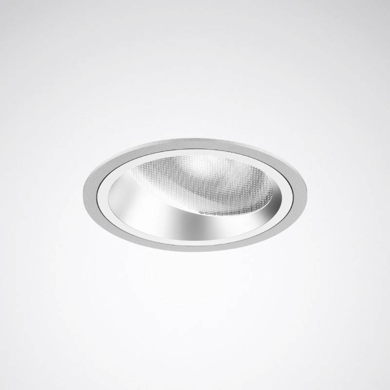 Okrągła lampa LED wpuszczana w sufit z błyszczącą metalową ramką i strukturyzowanym szkłem rozpraszającym światło.