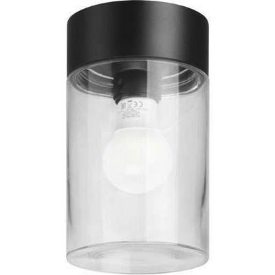 Przezroczysta lampa sufitowa z czarną oprawką i widoczną żarówką, idealna do nowoczesnych wnętrz.