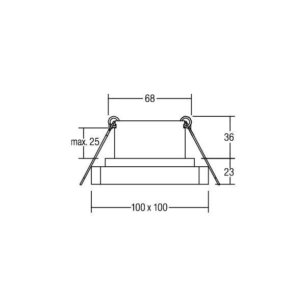 Rysunek techniczny prostokątnego, wiszącego obiektu o wymiarach: szerokość 100x100, wysokość 23 mm, maksymalne zawieszenie na linie 25 mm.