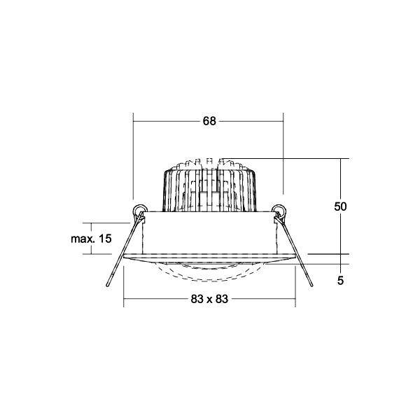 Rysunek techniczny oprawy wpuszczanej ze wskazanymi wymiarami: średnica 68 mm, wysokość 50 mm, głębokość 15 mm, wymiary montażowe 83 x 83 mm.