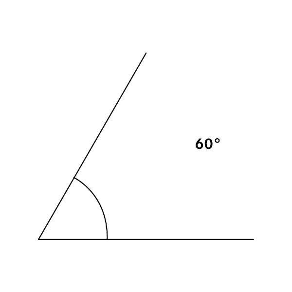 Geometryczne przedstawienie kąta 60 stopni, gdzie dwie linie tworzą kąt: linia pozioma i linia skośna.