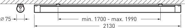 Rysunek techniczny prostokątnego obiektu o regulowanej szerokości od 1700 do 1990 mm. Widok z boku ukazuje średnicę 75 mm.