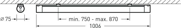 Rysunek techniczny mocowania sufitowego o długości między 750 mm a 870 mm. Widok z boku o średnicy 75 mm.