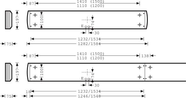 Rysunek techniczny dwóch identycznych elementów prostokątnych z wymiarowaniem w milimetrach. Wymiary: długość 1410-1500, szerokość 87-197.