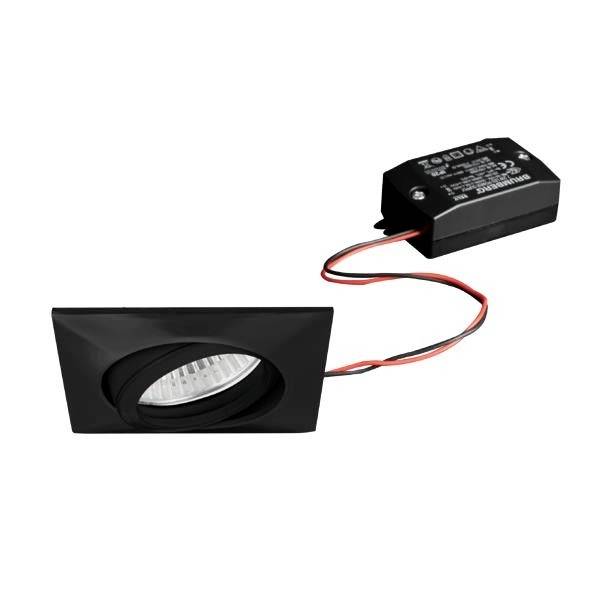 Czarny kwadratowy oprawa wpuszczana z żarówką LED i zewnętrznym sterownikiem elektronicznym, połączony przewodem.