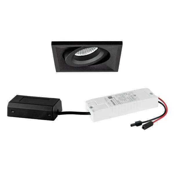 Oprawa podtynkowa w czarnej ramce z zewnętrznym zasilaczem; odpowiednia do nowoczesnego oświetlenia sufitowego.