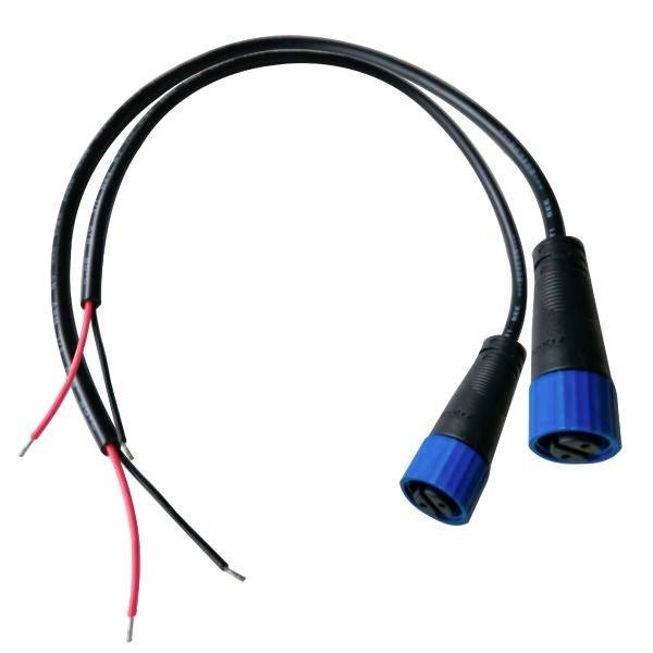 Kabel Y z dwoma niebieskimi, okrągłymi złączami oraz dwoma wolnymi końcami z przewodami czerwonym i czarnym, przeznaczone do podłączeń elektrycznych.