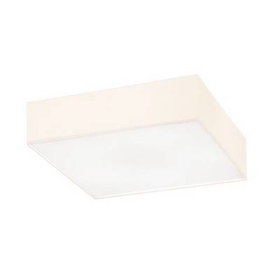 Kwadratowa, biała lampa sufitowa o prostym designie, idealna do nowoczesnych wnętrz.
