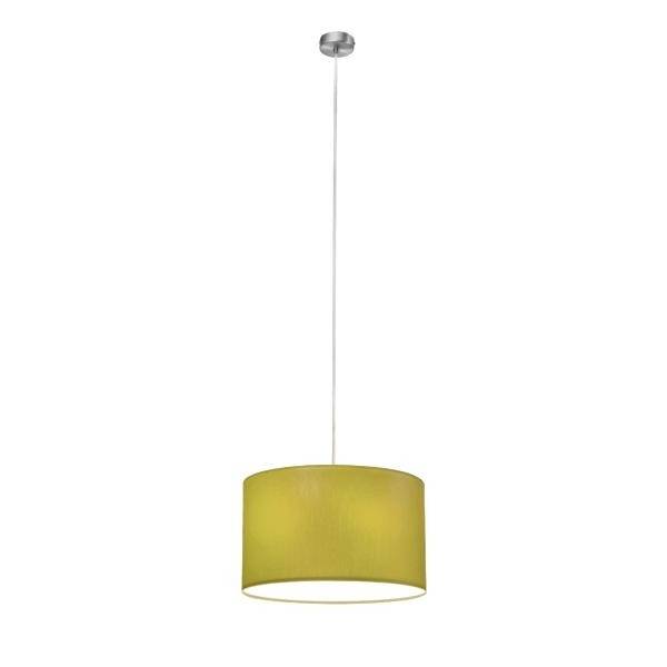 Lampa wisząca z okrągłym, żółtym abażurem i białym przewodem, zamocowana na metalowym uchwycie przy suficie.