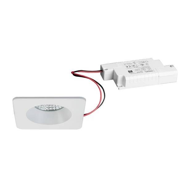 Kwadratowa oprawa LED z białą obudową i zewnętrznym zasilaczem, odpowiednia do montażu sufitowego.