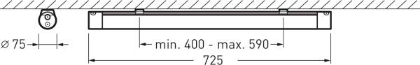 Rysunek techniczny mocowania sufitowego. Szerokość regulowana od 400 do 590 mm, całkowita długość 725 mm, średnica 75 mm.