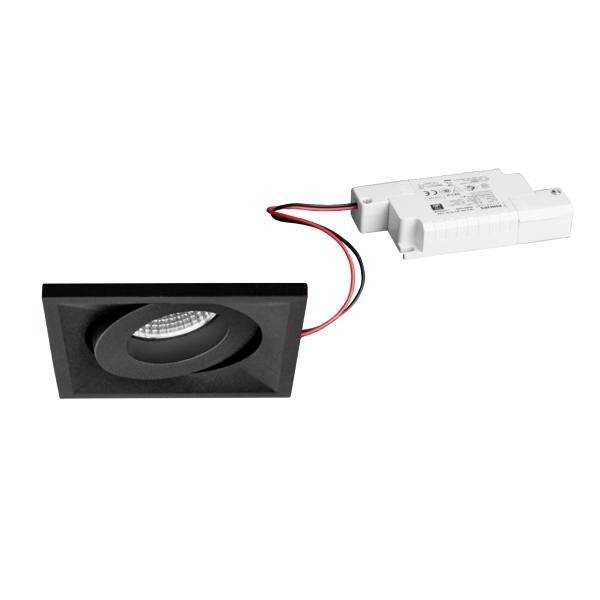 Czarny LED-downlight z kwadratową ramką i białym transformatorem. Odpowiedni do nowoczesnego oświetlenia wnętrz.