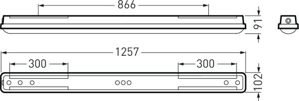 Rysunek techniczny prostokątnej lampy o wymiarach: 866 mm szerokości, 91 mm wysokości i 102 mm głębokości, całkowita długość 1257 mm.