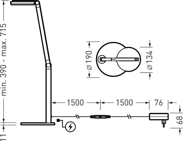 Diagram lampy biurkowej z wymiarami. Wysokość regulowana od 390 do 715 mm. Kabel o długości 1500 mm. Symbol podłączenia energii w lewym dolnym rogu.
