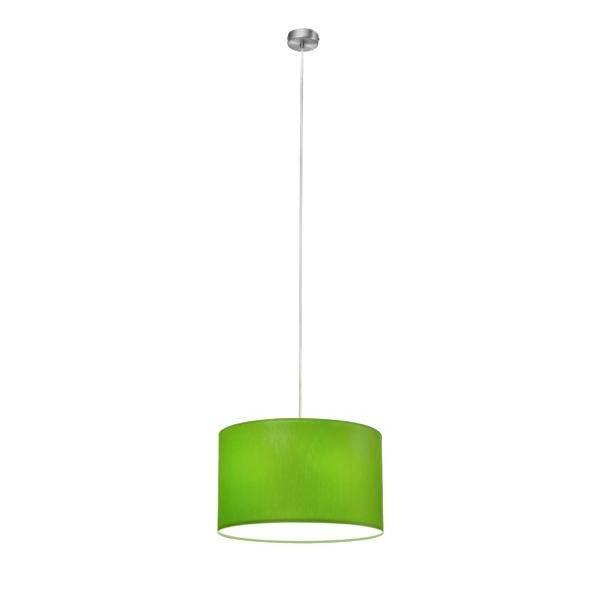 Zielona lampa wisząca z okrągłym kloszem, zwisająca z sufitu na białym przewodzie.
