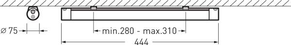 Diagram pokazuje wymiary prostokątnej lampy. Szerokość: 444 mm, regulowana długość: od 280 do 310 mm, średnica montażowa: Ø 75 mm.