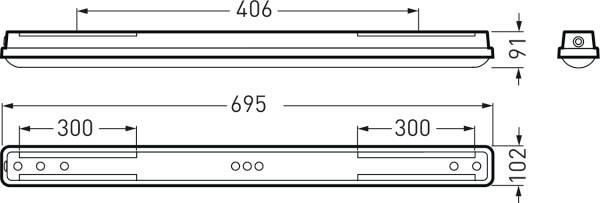 Rysunek techniczny podłużnej lampy z wymiarami: 406 mm szerokości, 91 mm wysokości, 695 mm długości. Widok z góry przedstawia punkty mocowania.