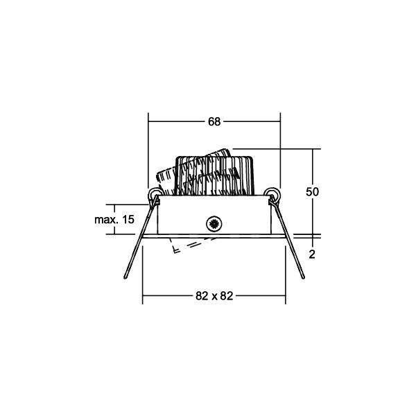 Rysunek techniczny wpuszczanej lampy kwadratowej o wymiarach 82 x 82 mm. Wysokość wynosi 50 mm, a maksymalna głębokość montażu to 15 mm.