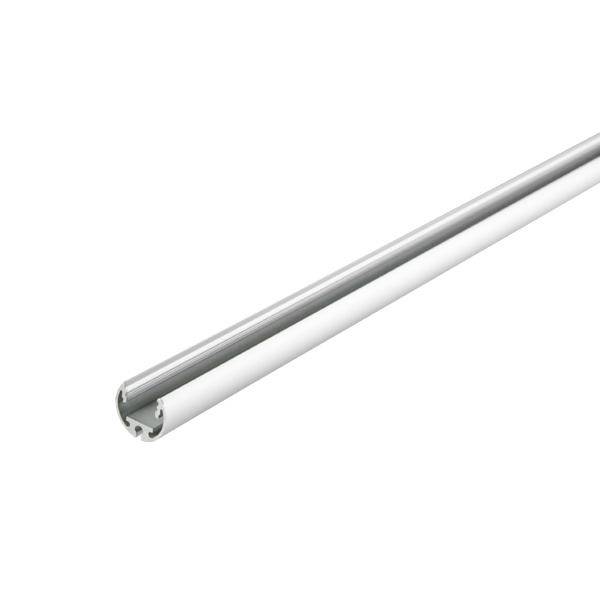 Srebrny metalowy pręt z pustym cylindrem na jednym końcu, prawdopodobnie będący częścią kanału kablowego lub systemu mocującego.