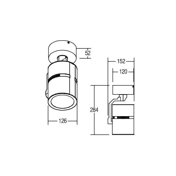 Rysunek techniczny cylindrycznego sufitowego oprawnika oświetleniowego z wymiarami: średnica 126 mm, wysokość 284 mm. Widok z boku przedstawia mocowanie.