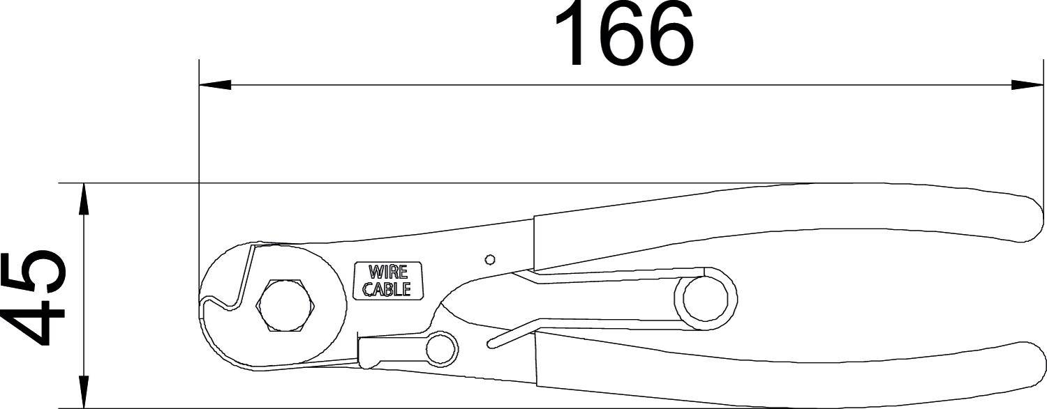Ilustracja szczypiec do cięcia kabli z uchwytami, nożycami do drutu i oznaczeniem 'Wire Cable'. Długość: 166 mm, wysokość: 45 mm.