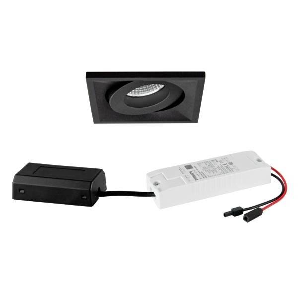 Czarny podtynkowy spot LED z obrotowym designem przedstawia prostokątną ramkę i sterownik z przewodami przyłączeniowymi obok. Idealny do nowoczesnego oświetlenia wnętrz.