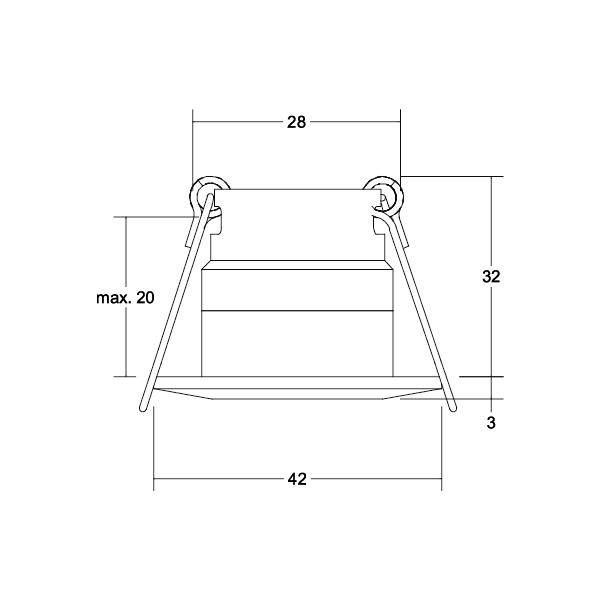 Rysunek techniczny wbudowanego downlighta. Wymiary: wysokość 32 mm, szerokość 28 mm, średnica całkowita 42 mm, maksymalna głębokość montażu 20 mm.